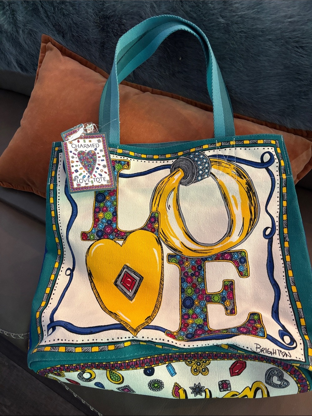 Brighton Teal and Yellow LOVE Tote Bag canvas bag new